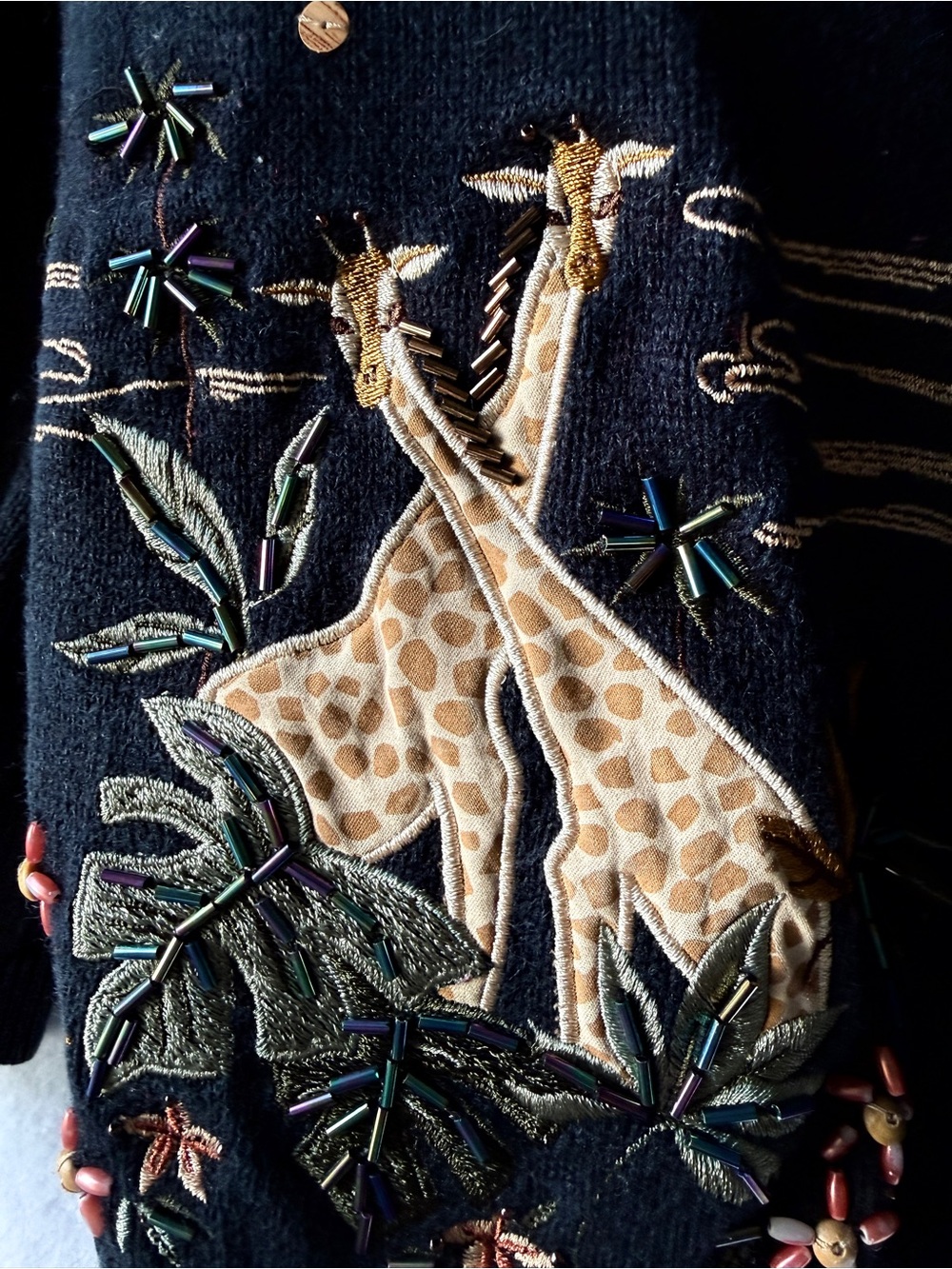 Vintage Alfred Dunner Black Embroidered Giraffe Cardigan Sweater